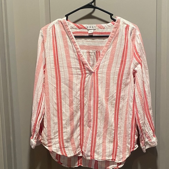 d-a-s-h Tops - DASH Coral White Striped Cotton Tunic Top L V Neck Lightweight Coastal Boho